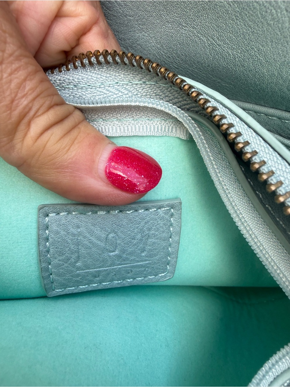 Women’s Crossbody Bag JOY in Light Blue with Sage Green inside. - Picture 3 of 6
